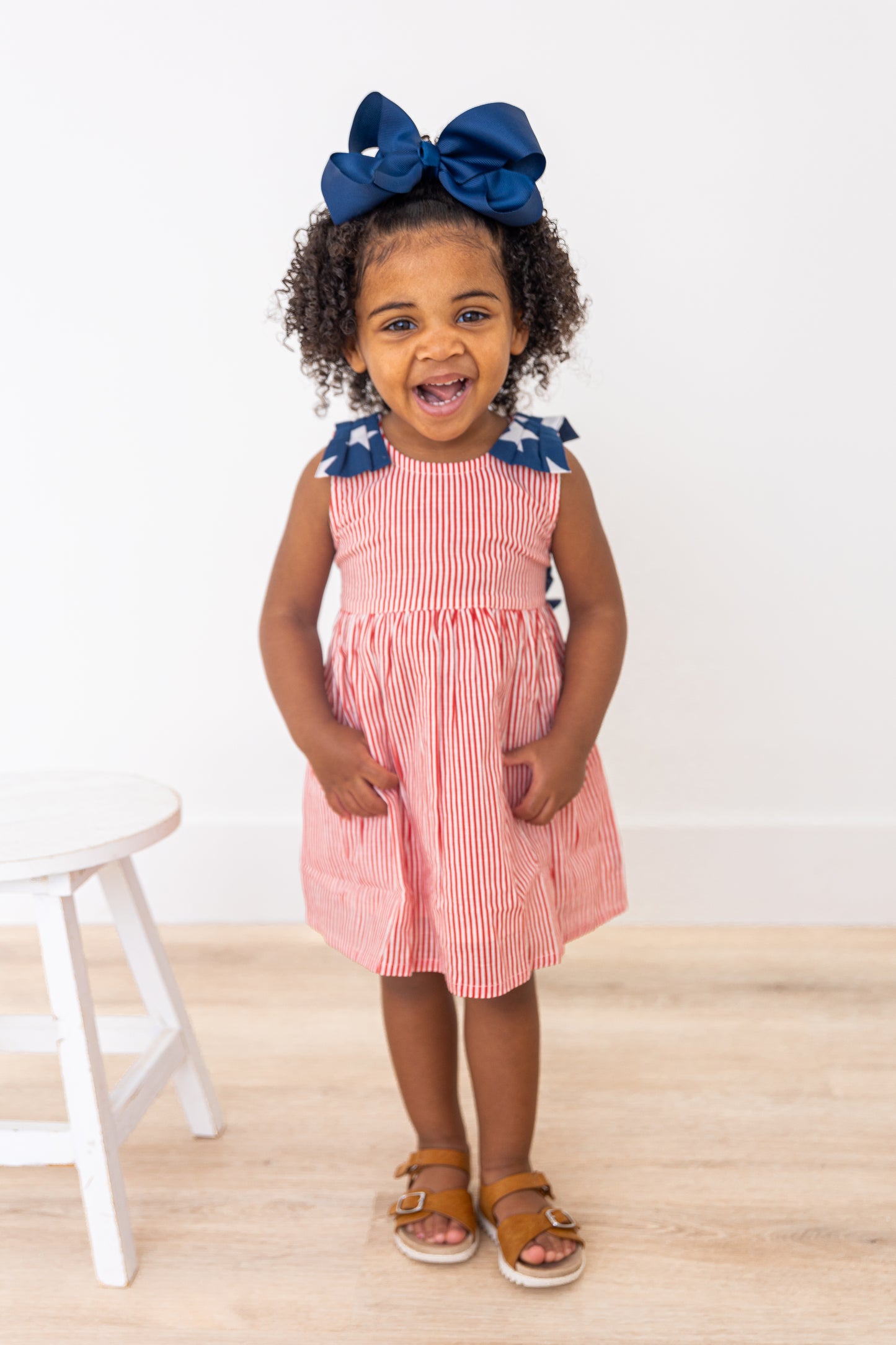 Stars & Red Striped Printed Bow Gathered Dress