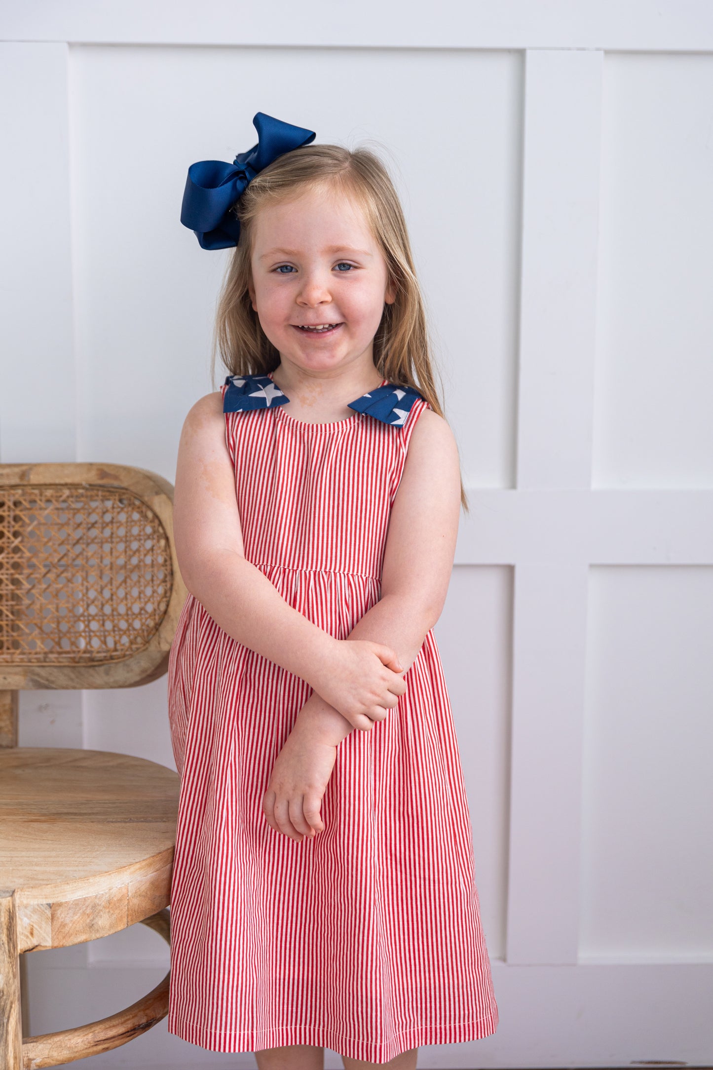 Stars & Red Striped Printed Bow Gathered Dress