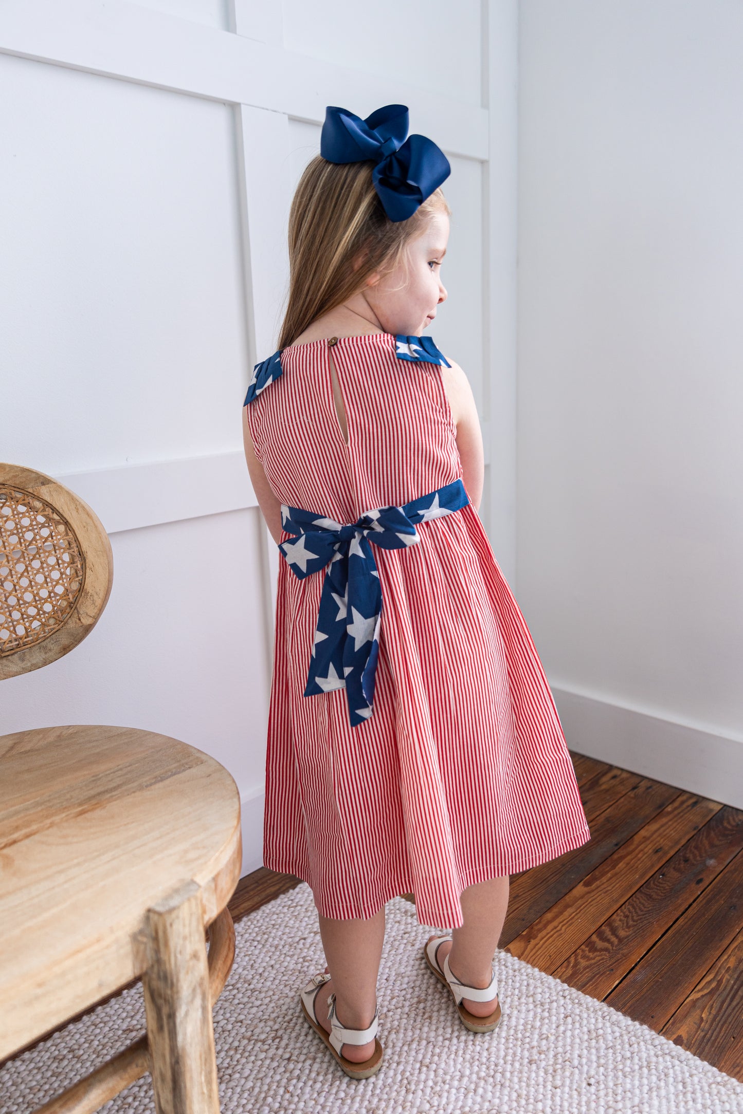 Stars & Red Striped Printed Bow Gathered Dress