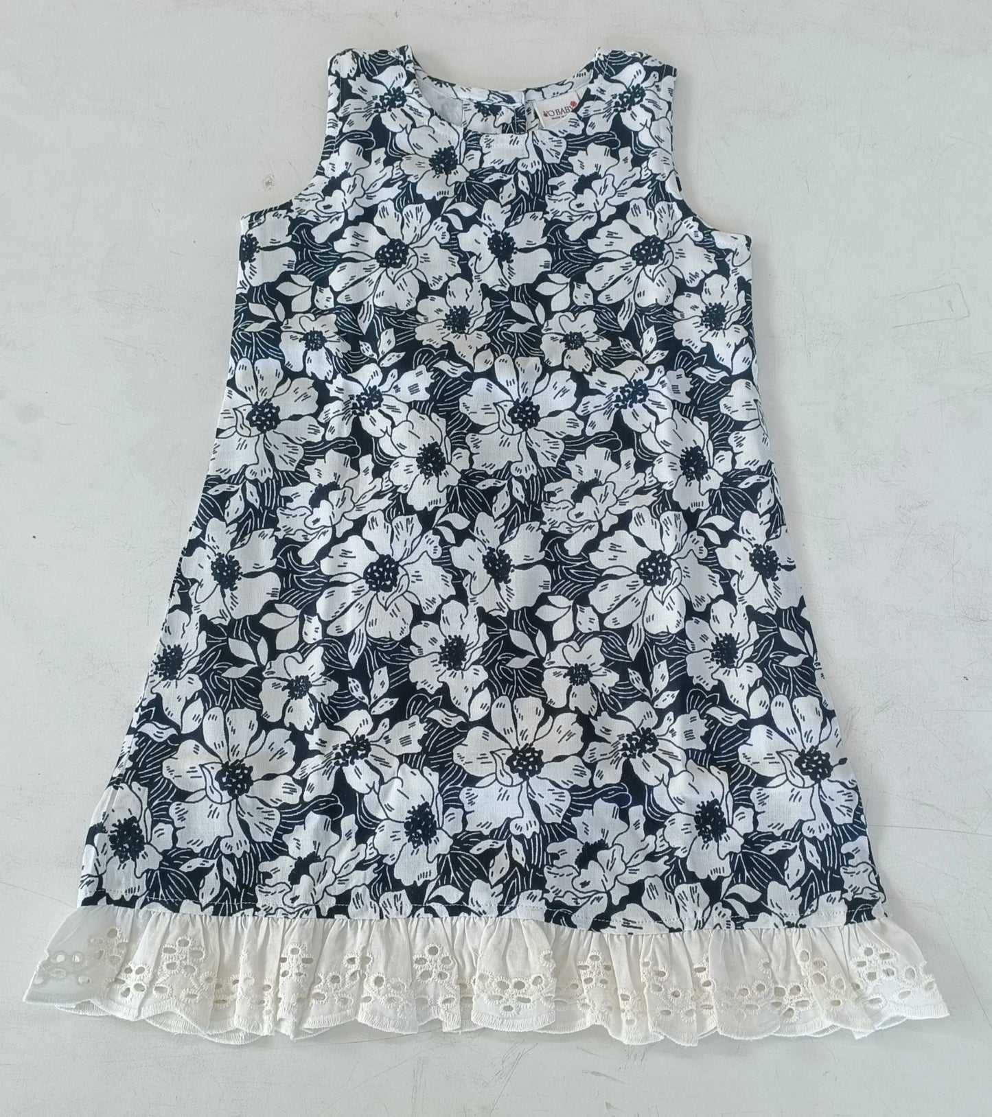 White Floral Printed Embroidery Ruffled Dress