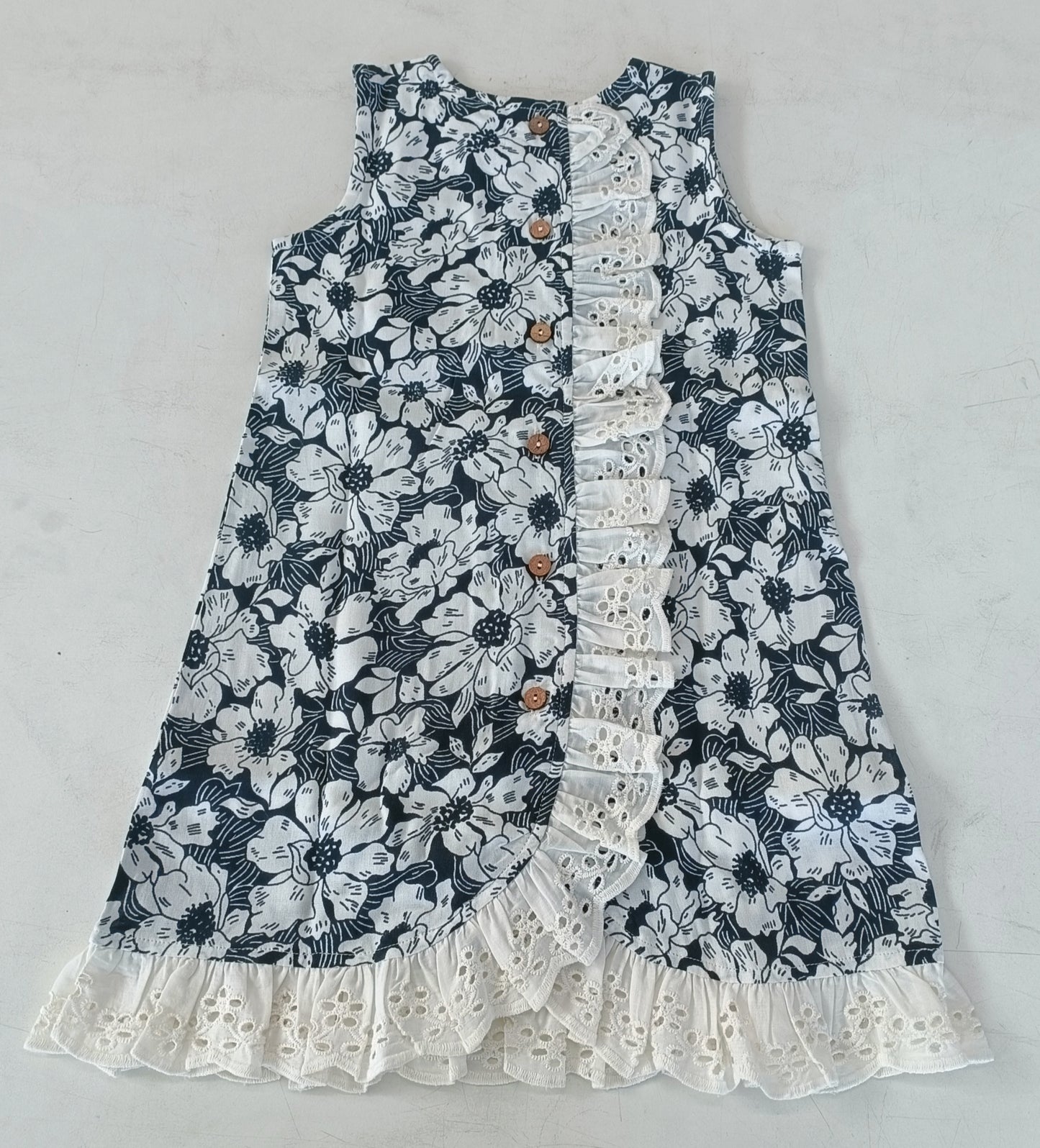 White Floral Printed Embroidery Ruffled Dress