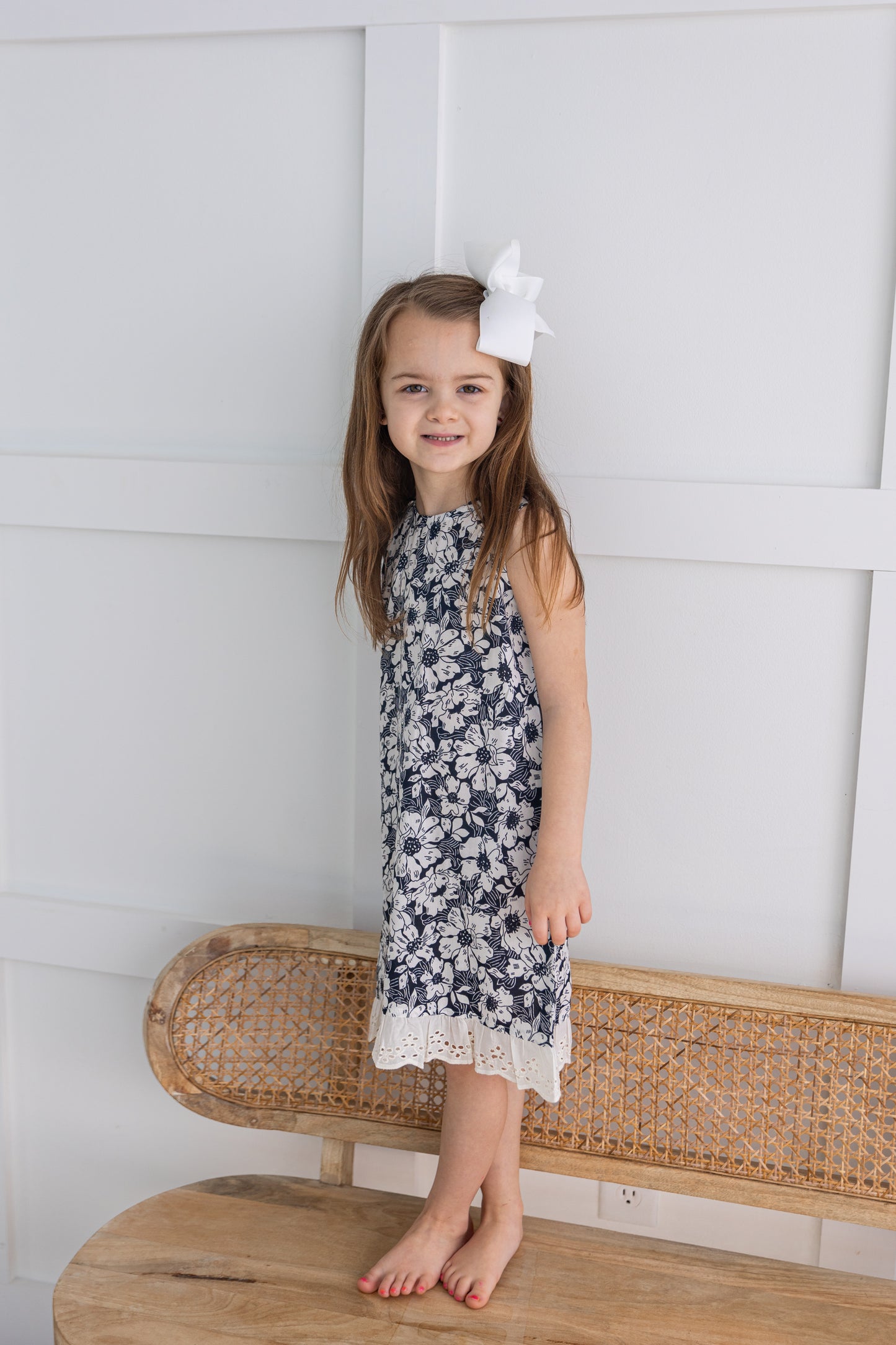 White Floral Printed Embroidery Ruffled Dress