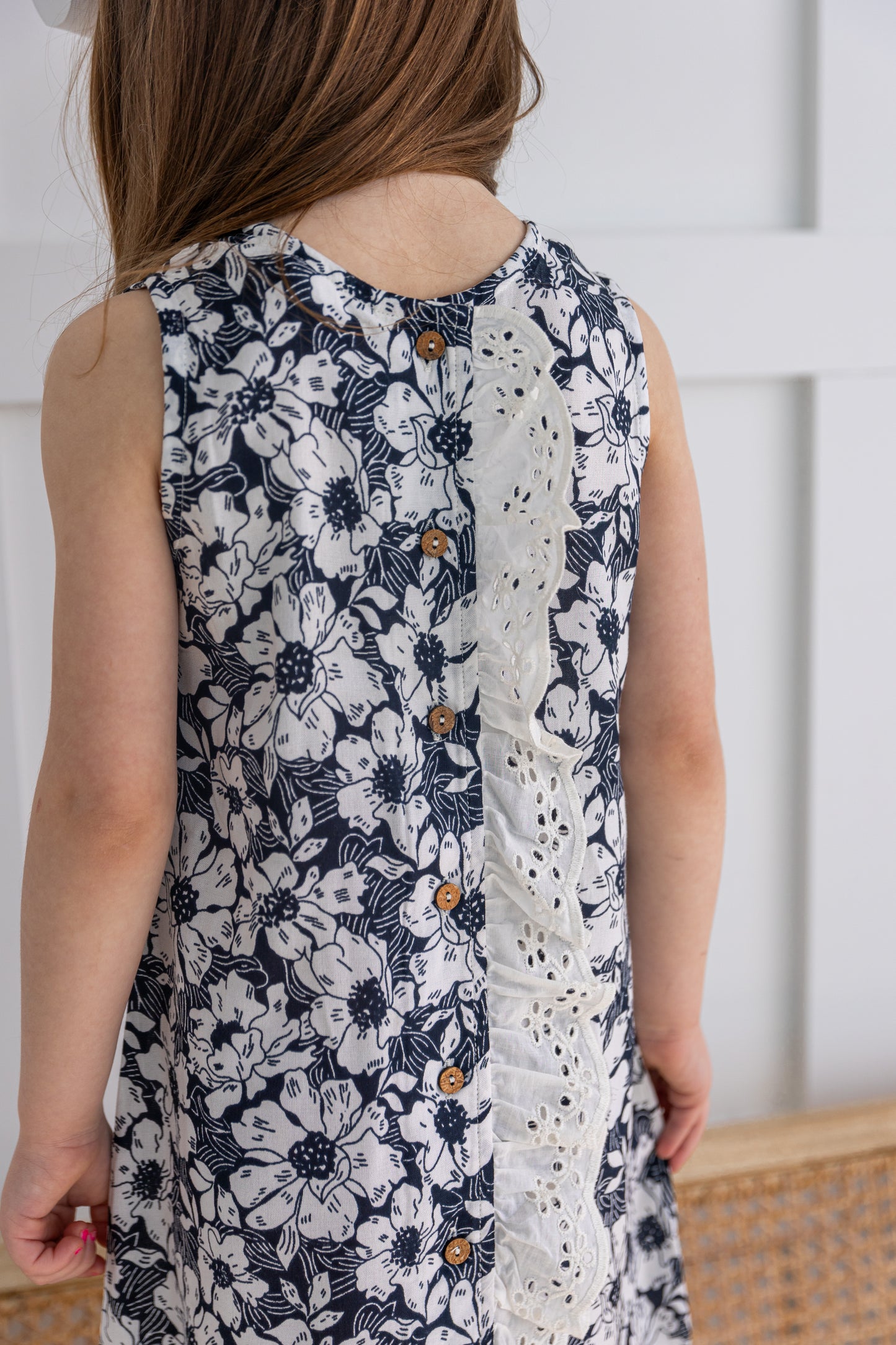 White Floral Printed Embroidery Ruffled Dress