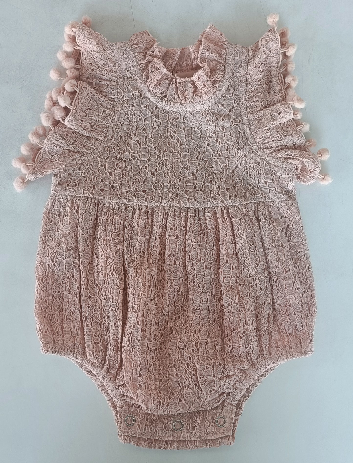 Blush Sleeve & Neck Ruffle Pom-Pom Lace Baby Romper