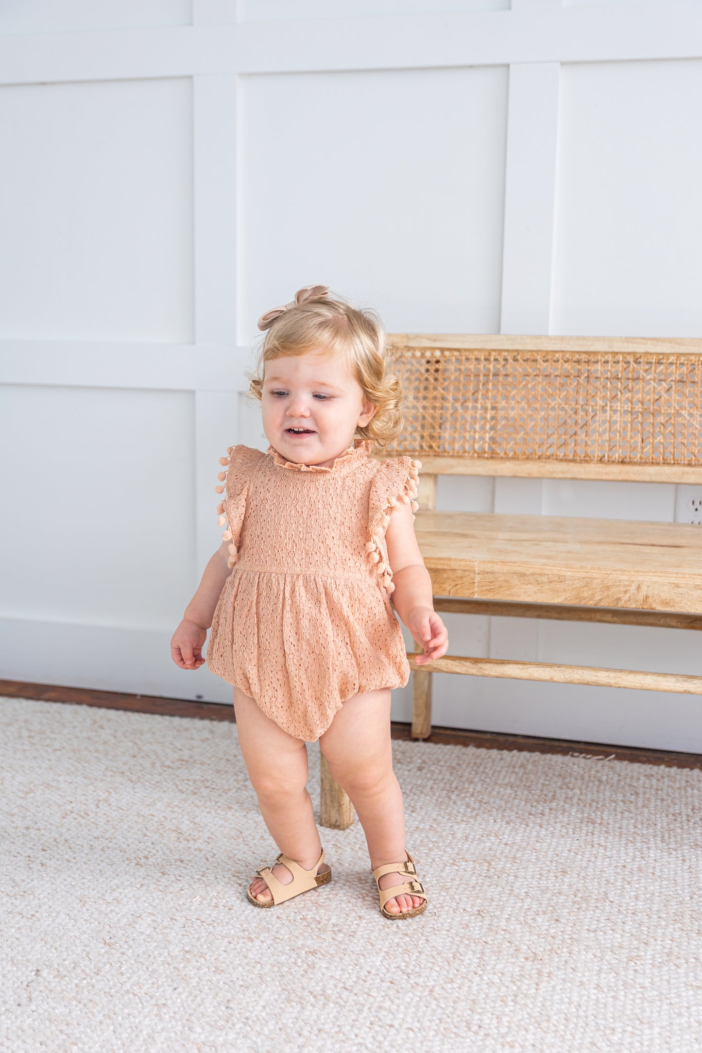 Blush Sleeve & Neck Ruffle Pom-Pom Lace Baby Romper