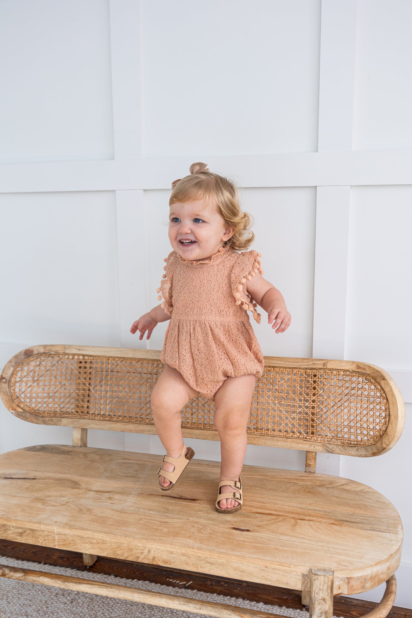 Blush Sleeve & Neck Ruffle Pom-Pom Lace Baby Romper
