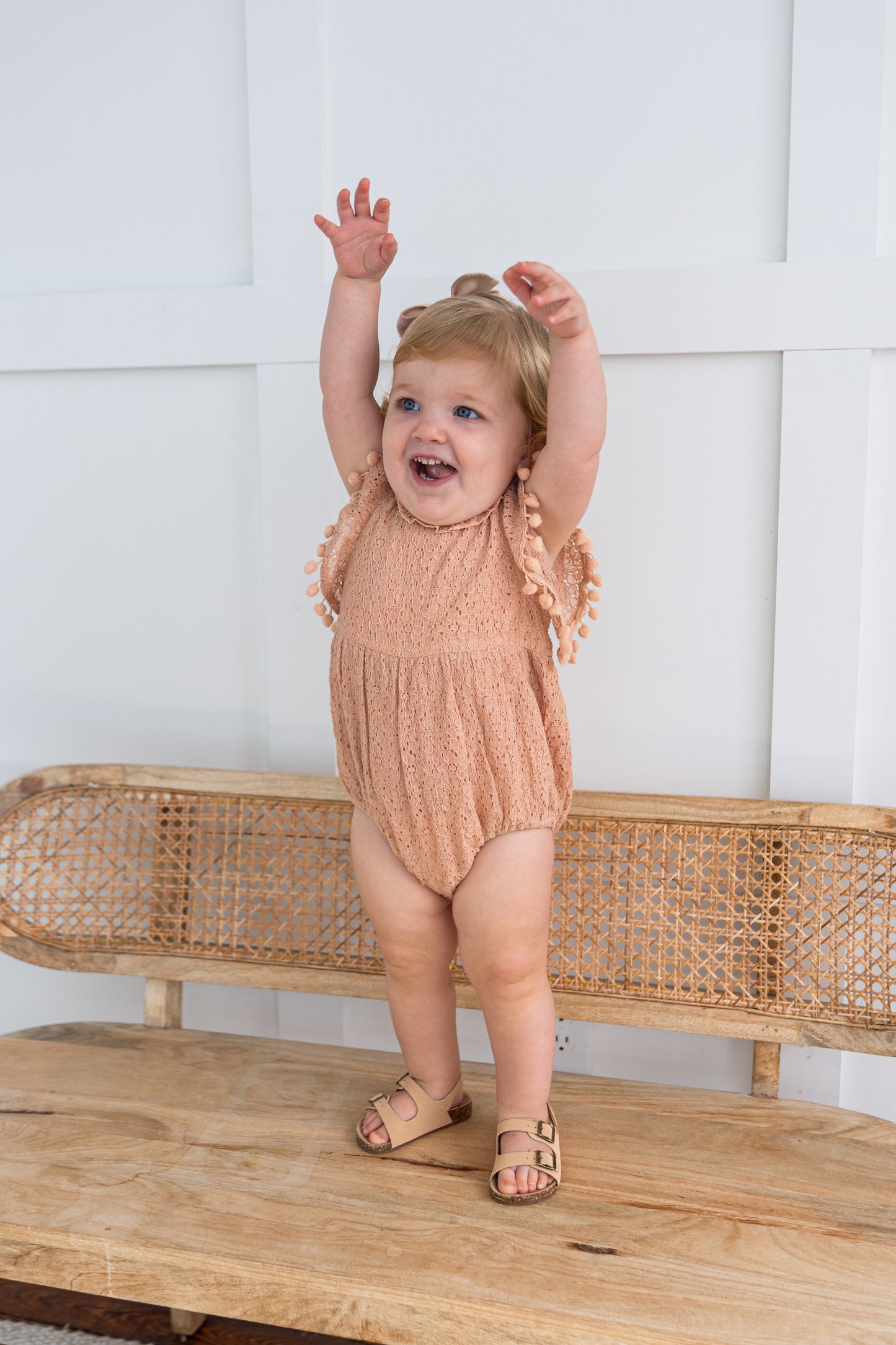 Blush Sleeve & Neck Ruffle Pom-Pom Lace Baby Romper
