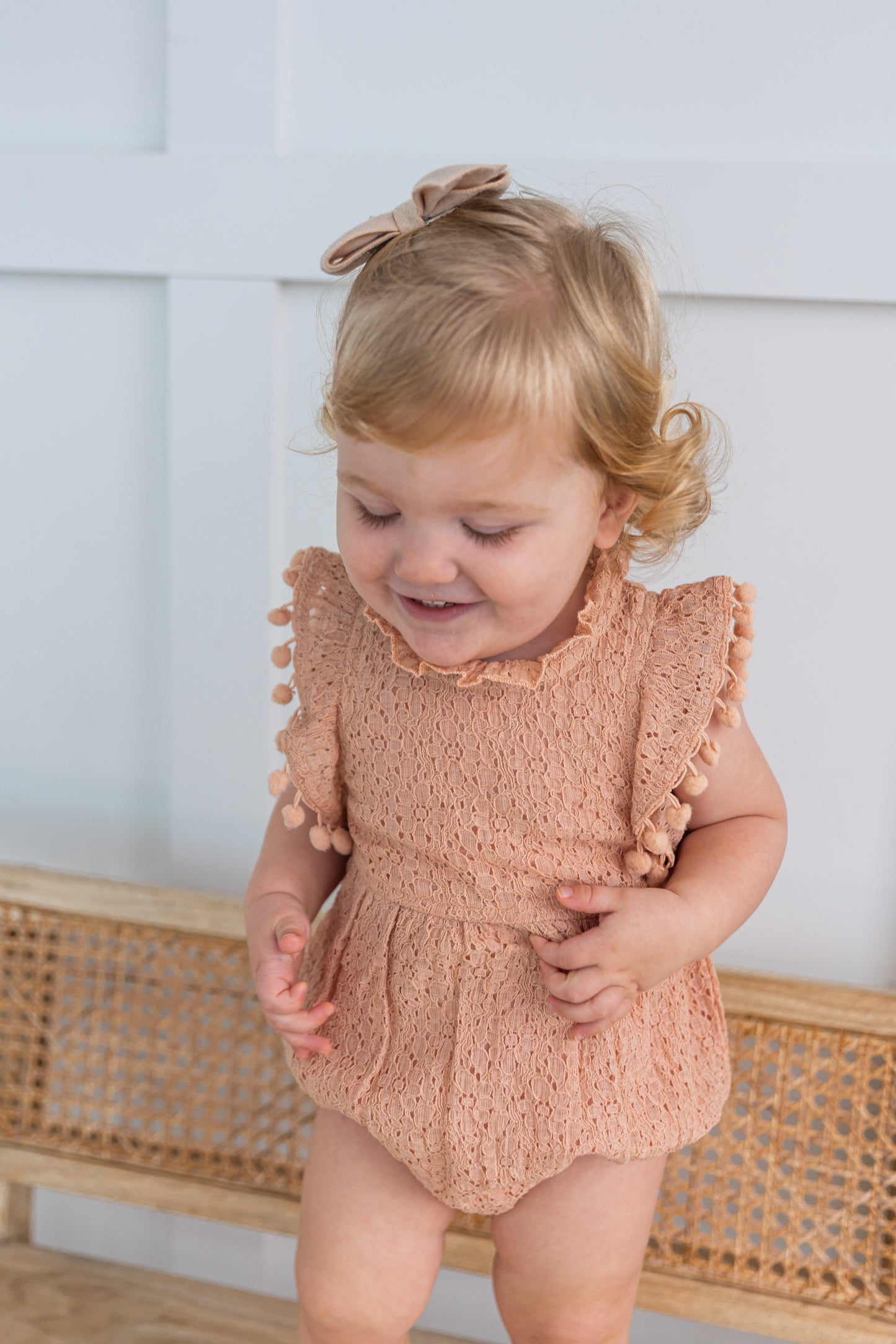 Blush Sleeve & Neck Ruffle Pom-Pom Lace Baby Romper