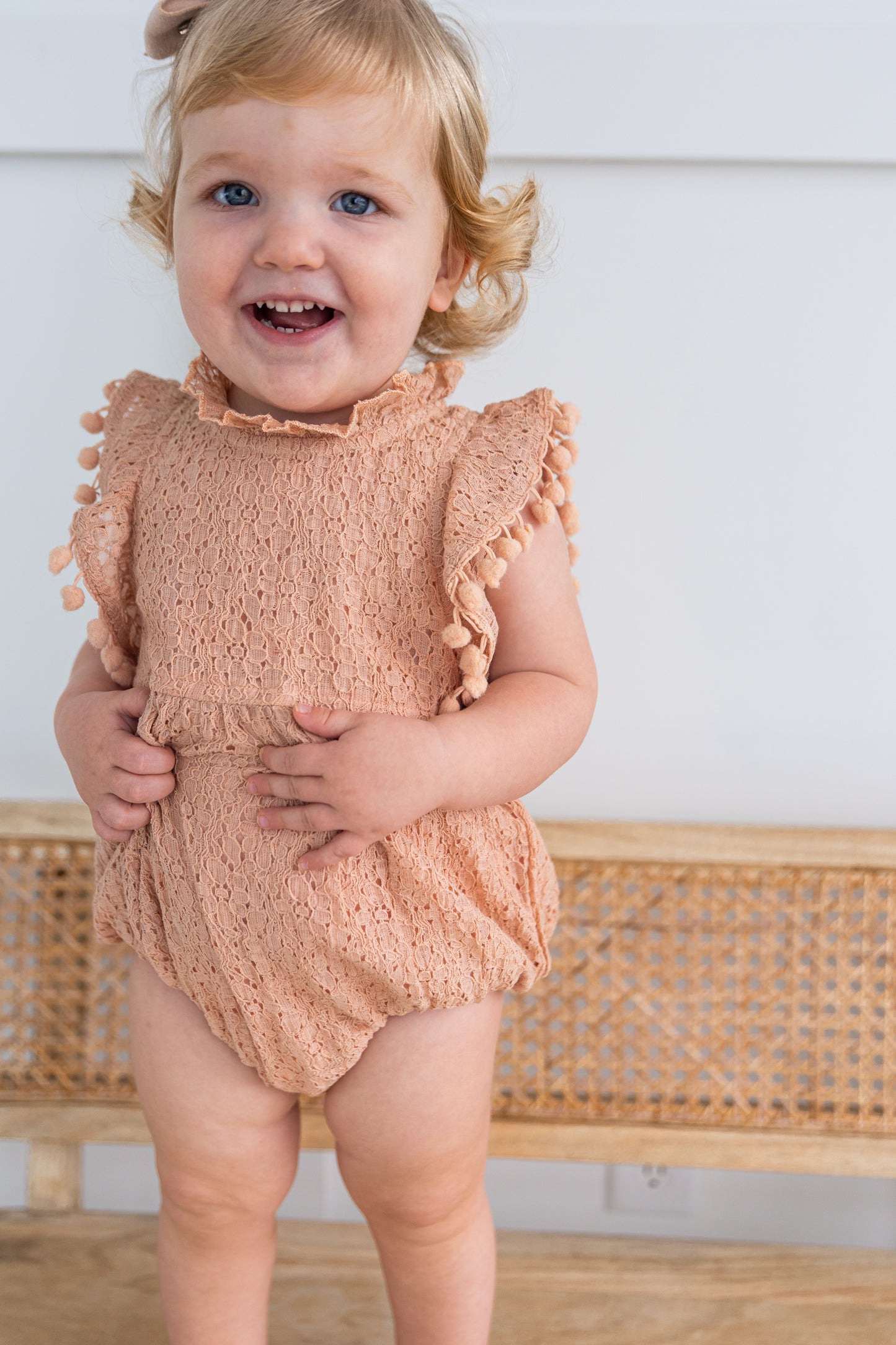 Blush Sleeve & Neck Ruffle Pom-Pom Lace Baby Romper