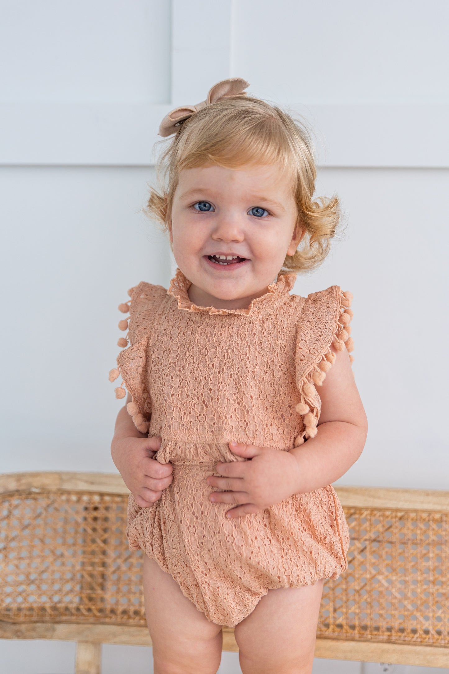 Blush Sleeve & Neck Ruffle Pom-Pom Lace Baby Romper