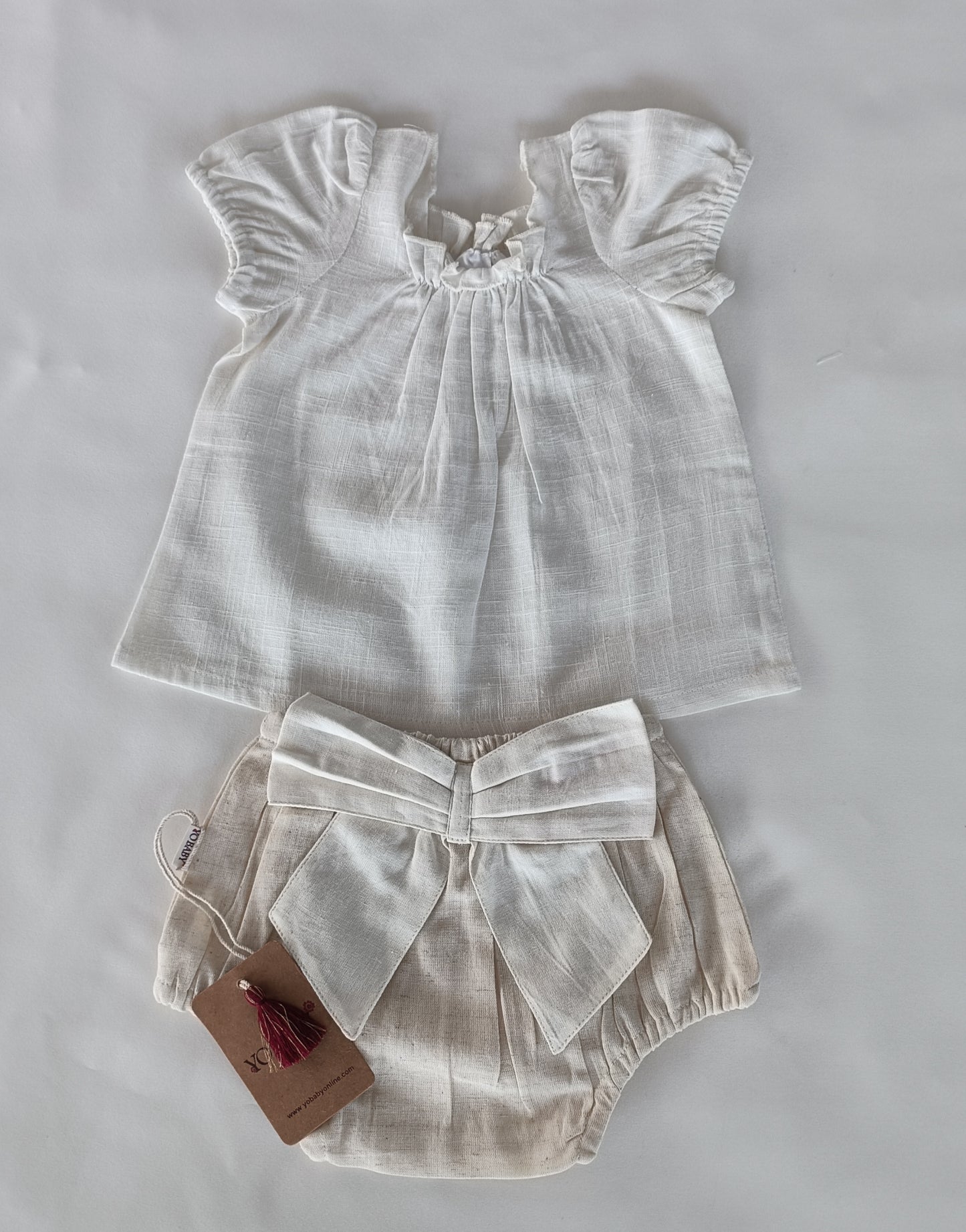 White Top and Ivory Diaper Cover with Attached Bow 2 Piece Set — Cotton Baby Girl Set | 0-24 Months