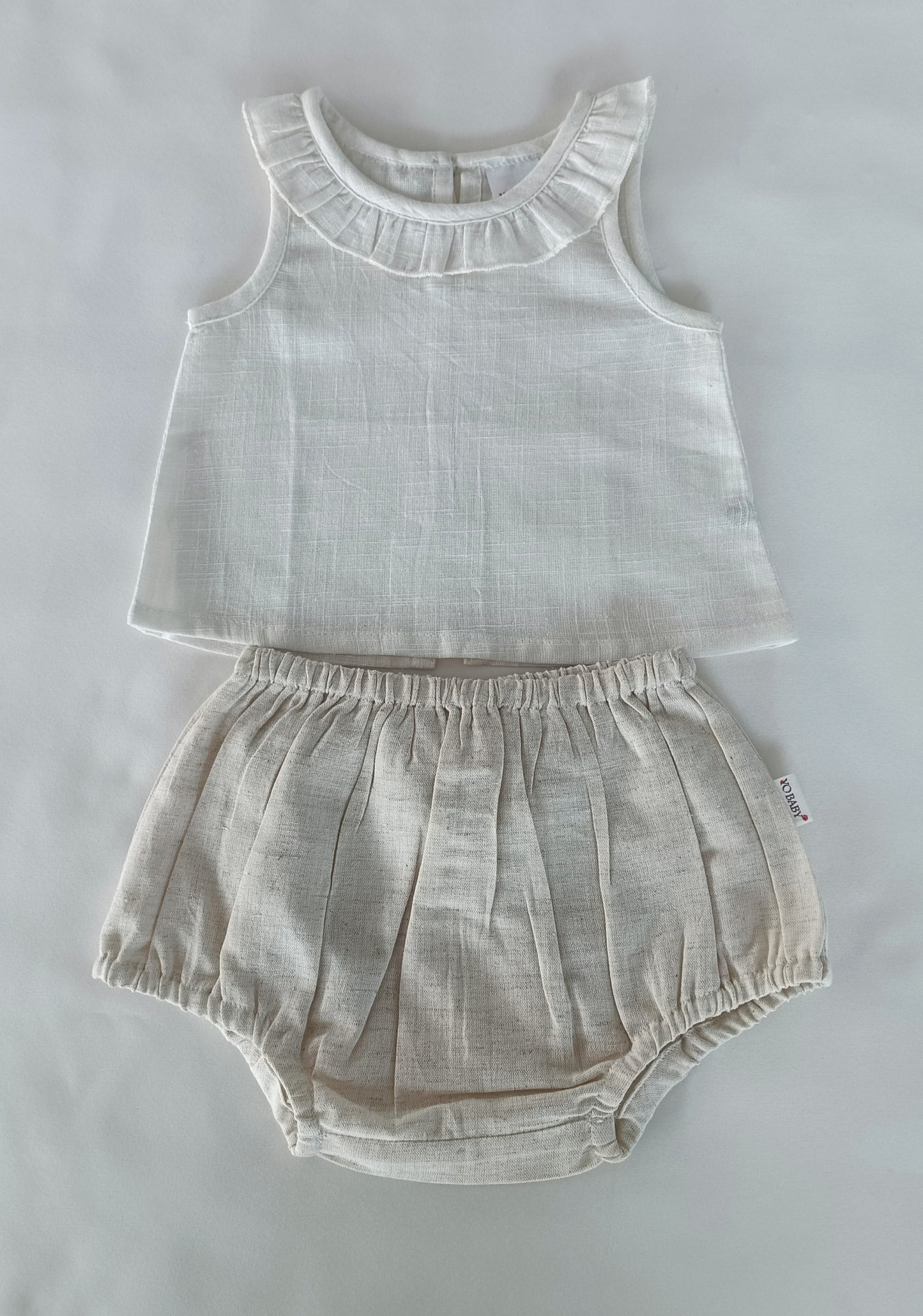 White Ruffled Top & Ivory Diaper Cover With Attached Bow - 2 Pc Set