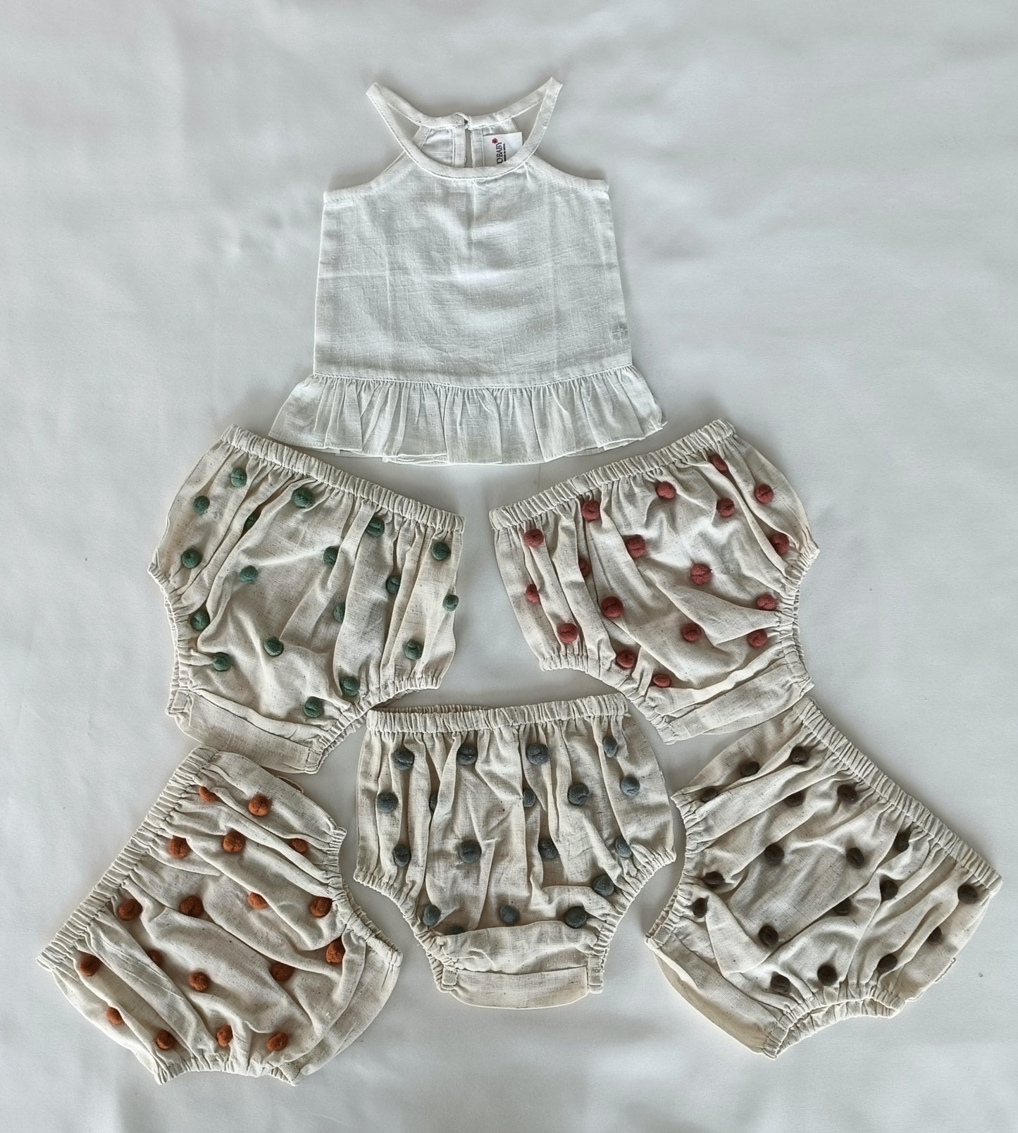 White Ruffle Top & Ivory Diaper Cover With Pom-Poms - 6pcs Set
