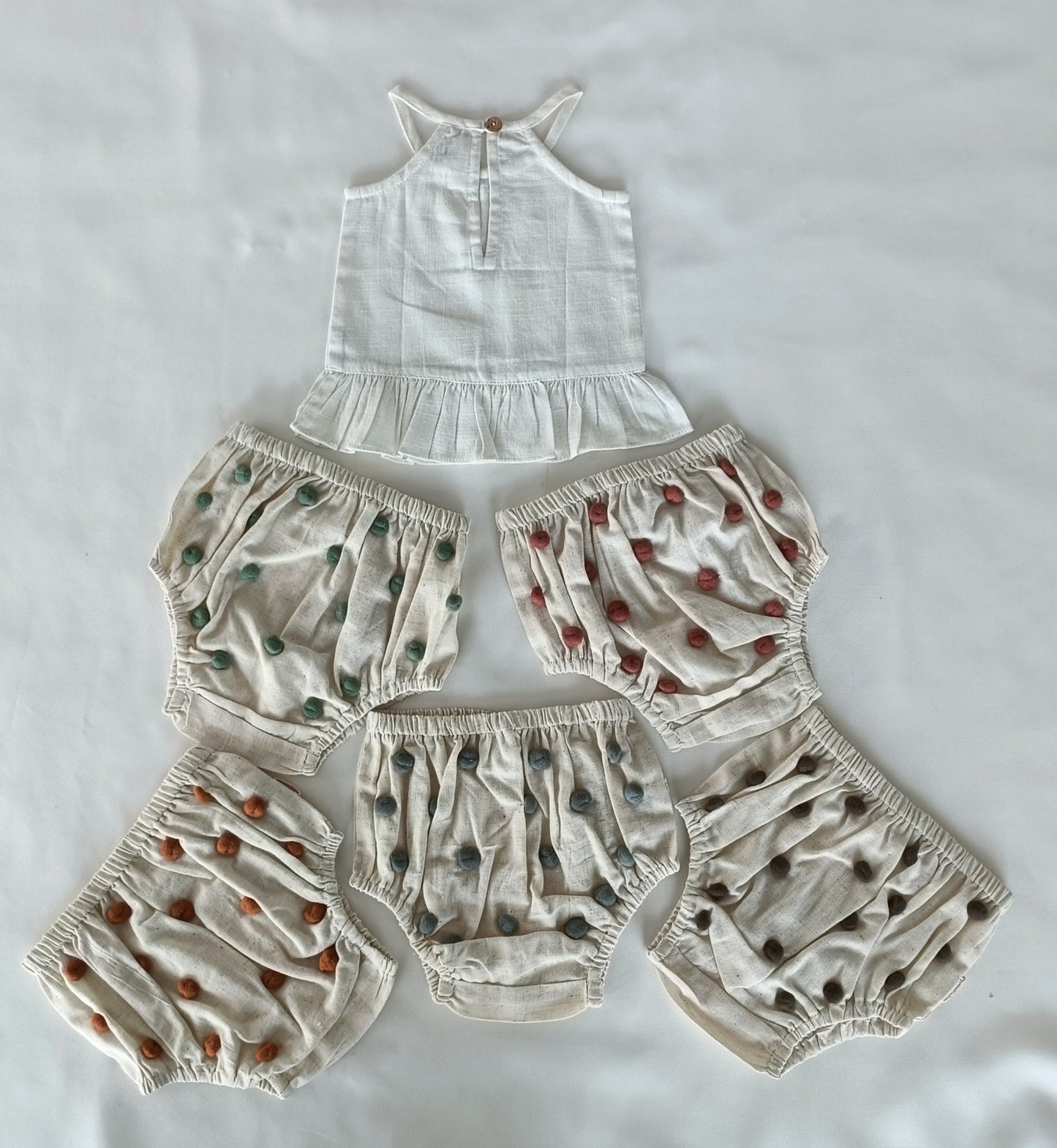 White Ruffle Top & Ivory Diaper Cover With Pom-Poms - 6pcs Set