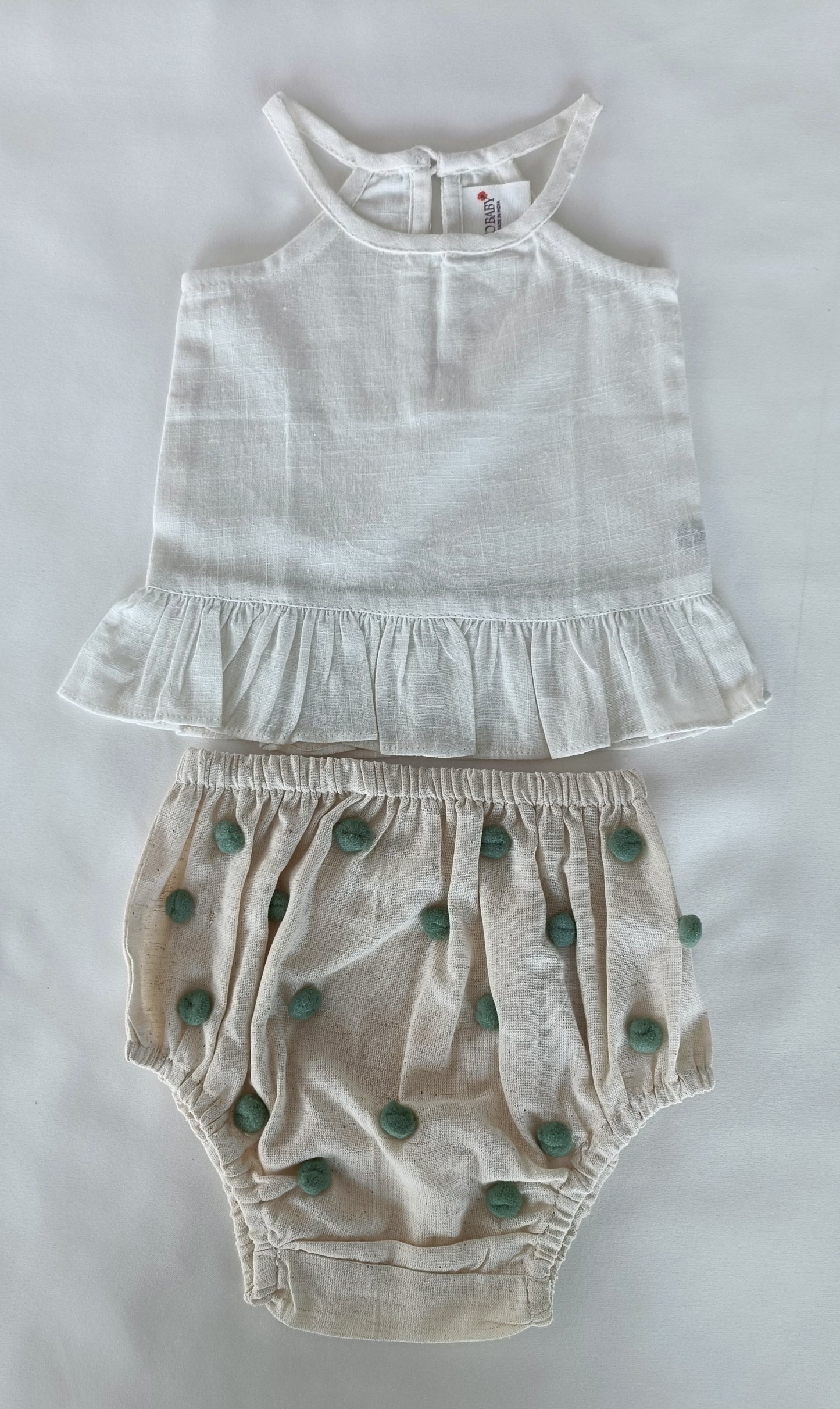 White Ruffle Top & Ivory Diaper Cover With Pom-Poms - 6pcs Set