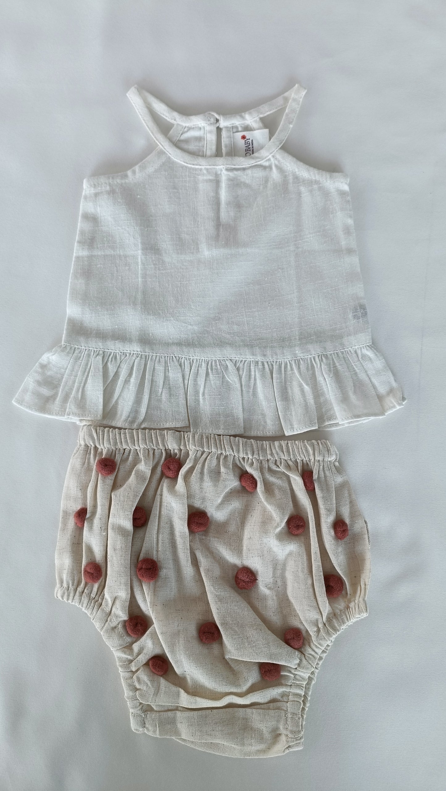 White Ruffle Top & Ivory Diaper Cover With Pom-Poms - 6pcs Set