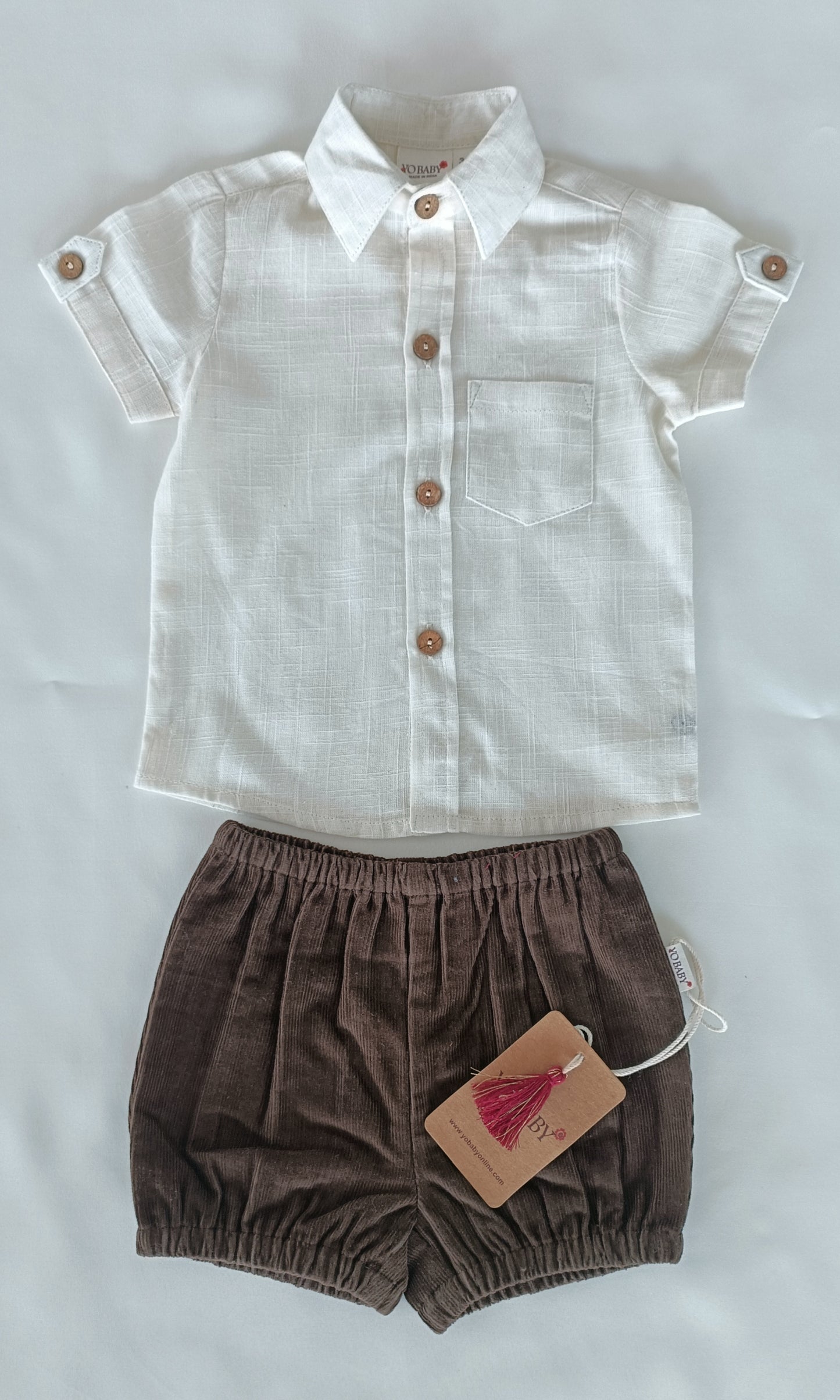 White Cotton Linen Boys Shirt & Corduroy Shorts