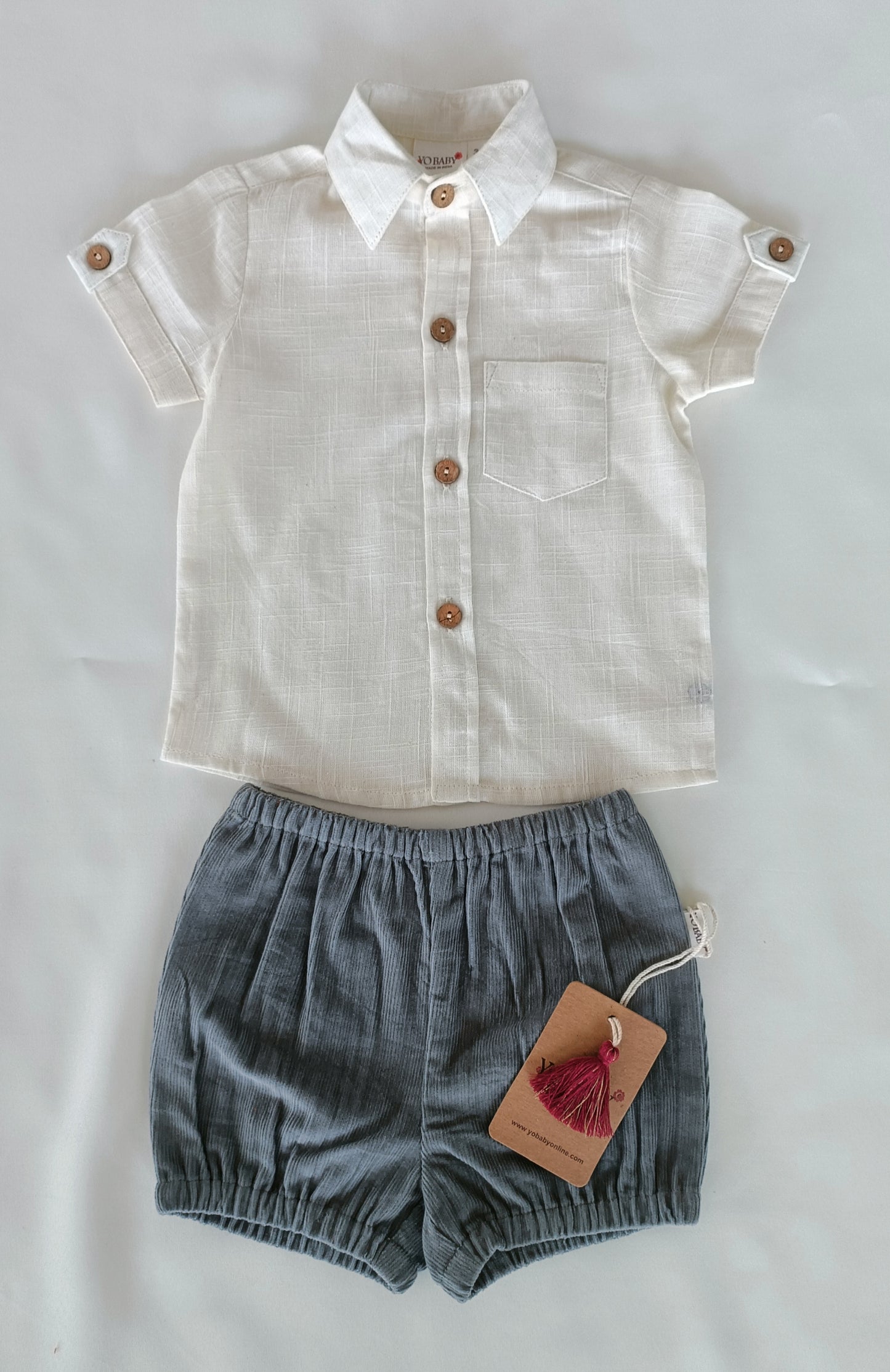 White Cotton Linen Boys Shirt & Corduroy Shorts