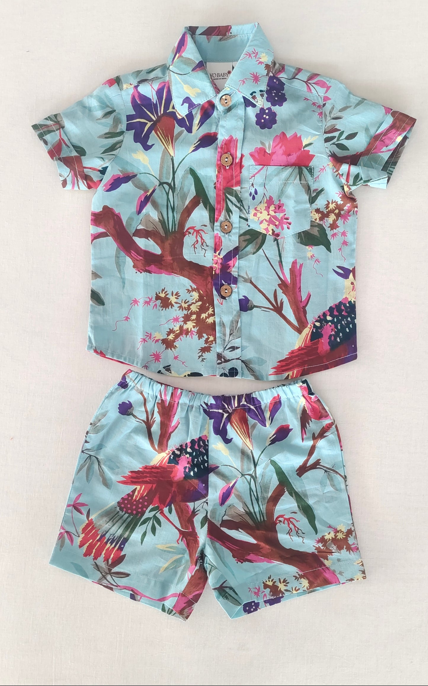 Boys Turquoise Bird Print Shirt & Shorts Set