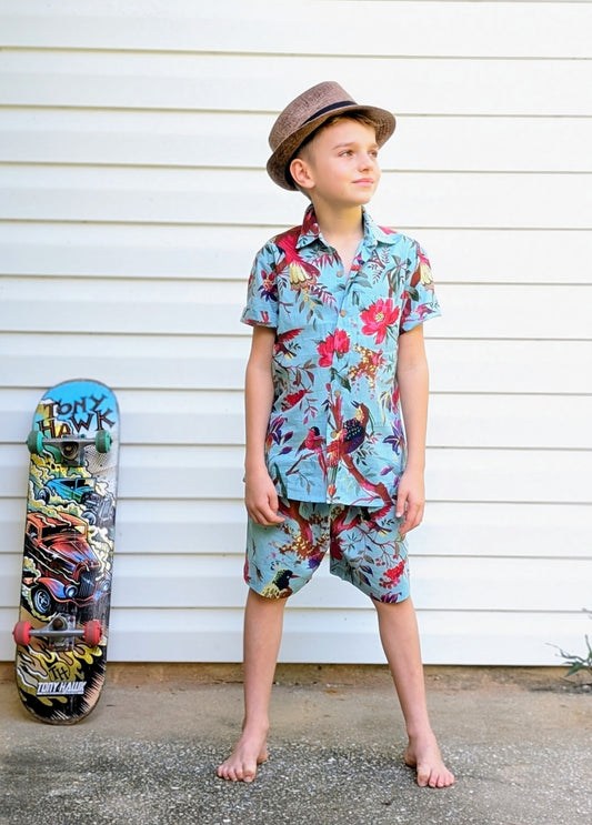 Boys Turquoise Bird Print Shirt & Shorts Set