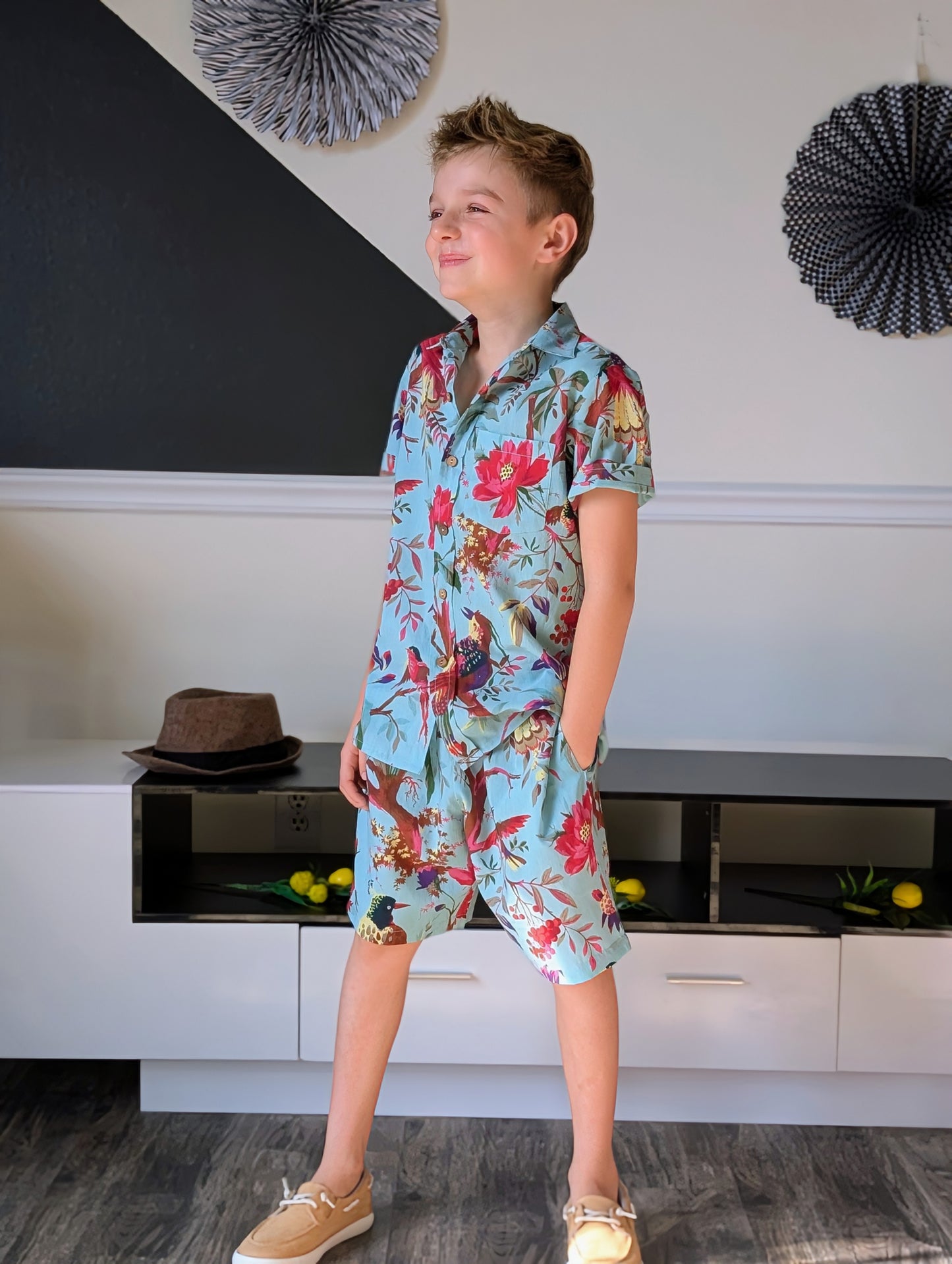 Boys Turquoise Bird Print Shirt & Shorts Set