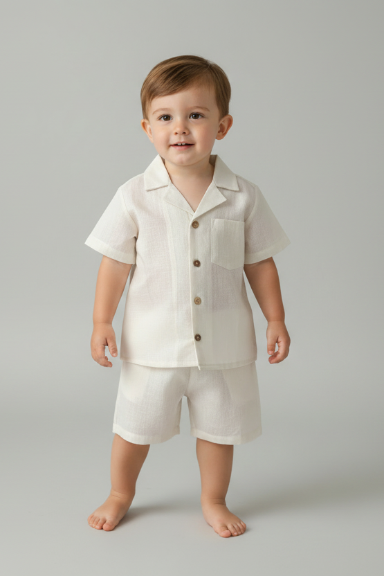 Unisex Kids' Beige Stripe Shirt & Shorts Set