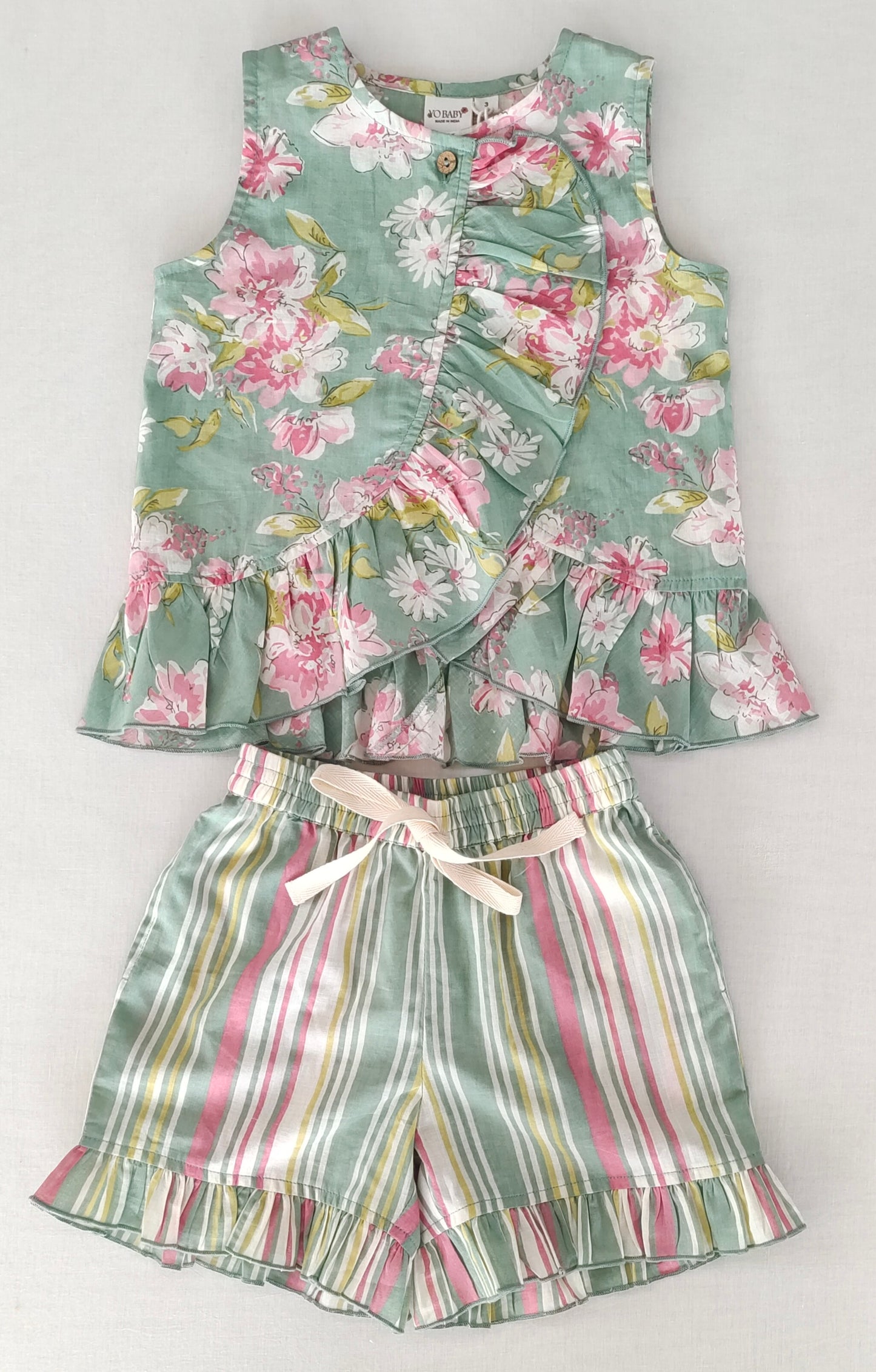 Green Floral Ruffle Top & Stripe Shorts Set for Kids & Infants
