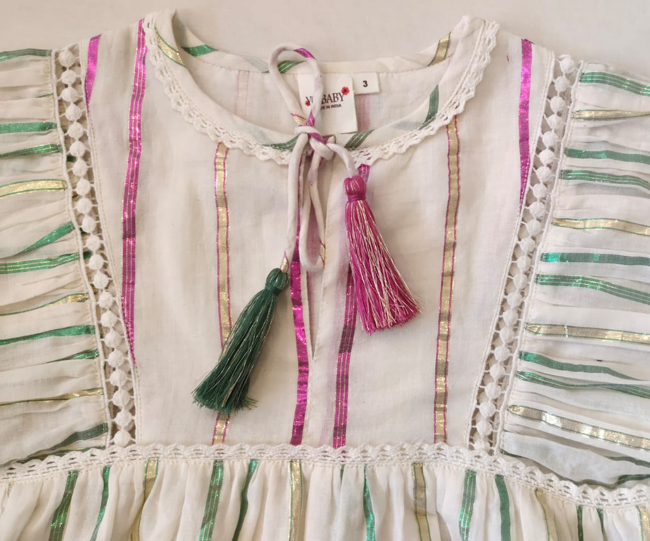 Charming Pink and Green Lurex Stripes Dress Collection for Infants & Women