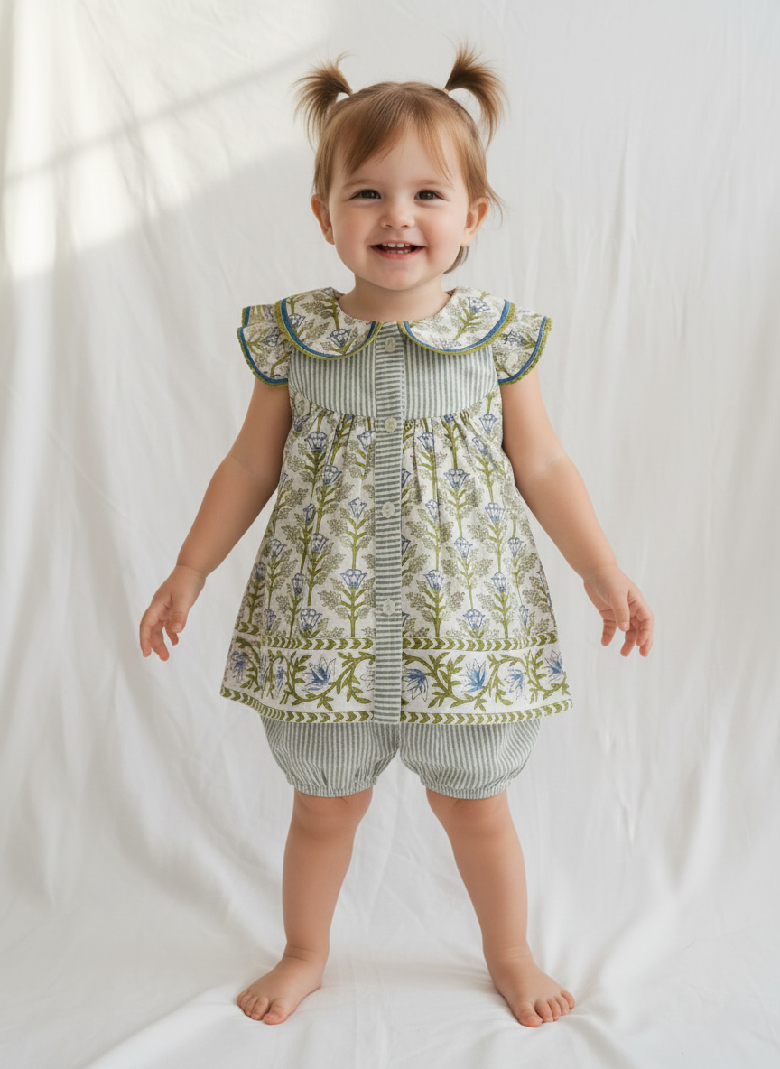 Top and Shorts Set : WHITE WITH BLUE FLORAL PRINT : Infant : Toddler : Tween