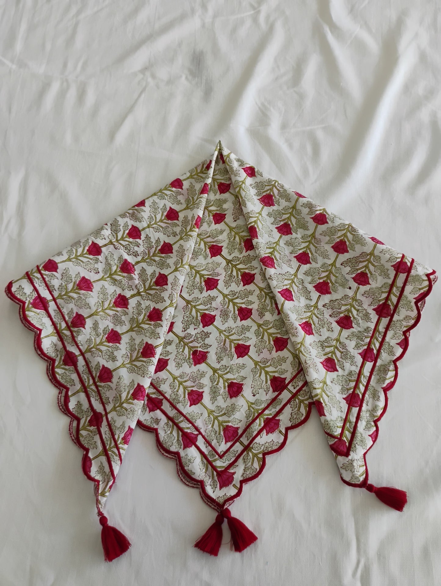 Embroidered Scalloped Scarf with Tassle : RED FLORAL PRINT : One Size