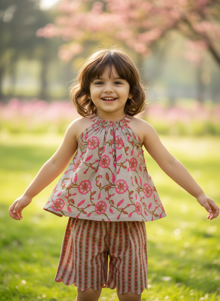 Halter Top and Shorts Set Beige — Cotton Girls Co-Ord | Infant to Tween 0-13 Years