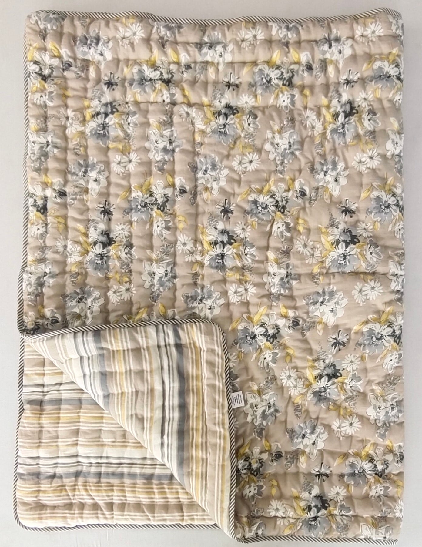 Reversible Quilted Blanket- Mustard Print & Stripes