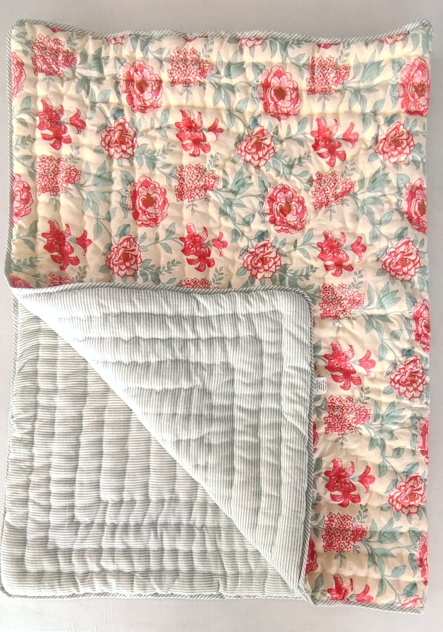 Reversible Quilted Blanket - Sage & Red Print & Sage Stripes