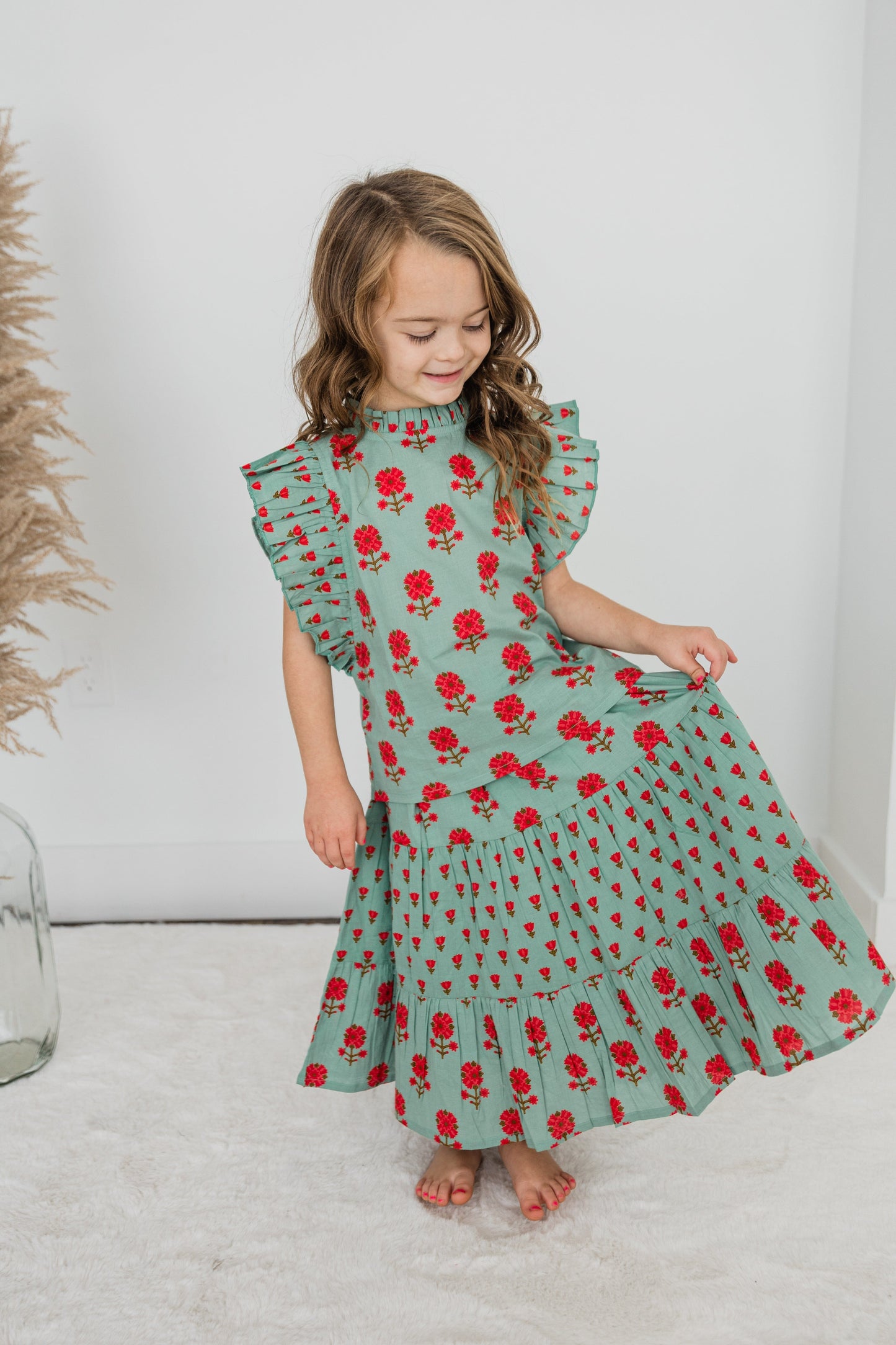 Green Floral Neck Ruffle Top & Tiered Skirt Set