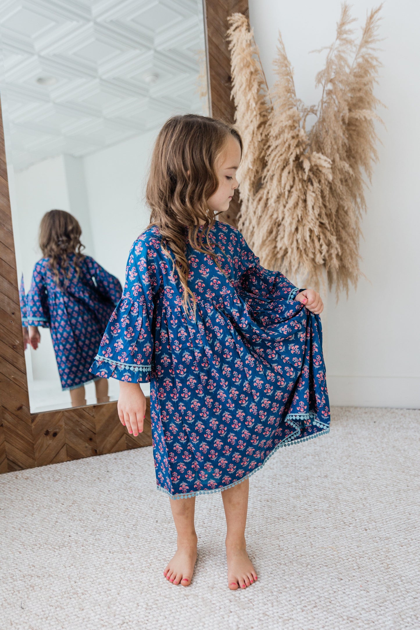 Navy Floral Print Bell-Sleeves Gathered Dress