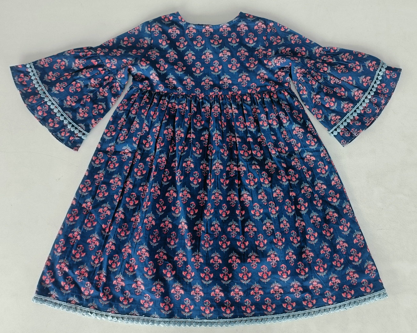 Navy Floral Print Bell-Sleeves Gathered Dress