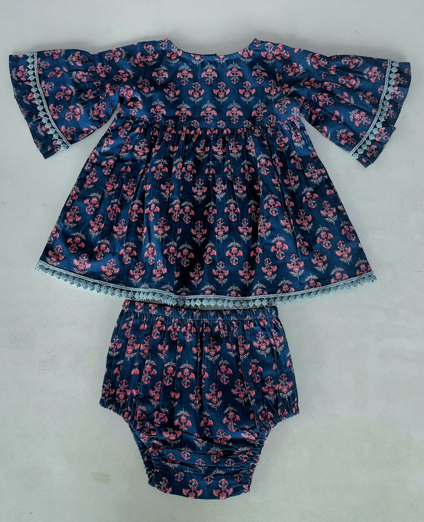Navy Floral Print Bell-Sleeves Gathered Dress