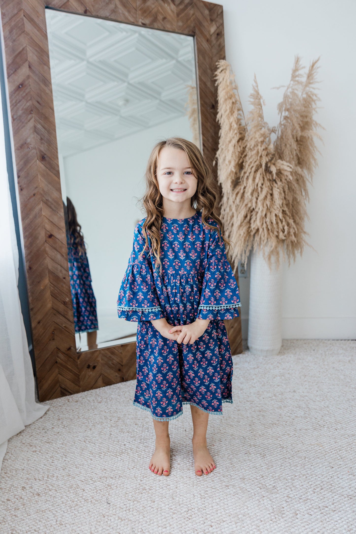 Navy Floral Print Bell-Sleeves Gathered Dress