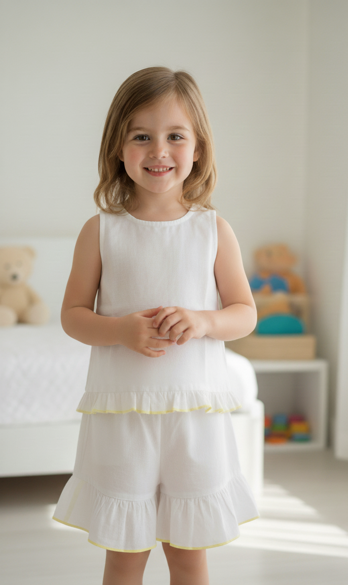 Shorts and Top with Ruffle Edge : WHITE WITH PALE YELLOW : Infant : Toddler : Tween