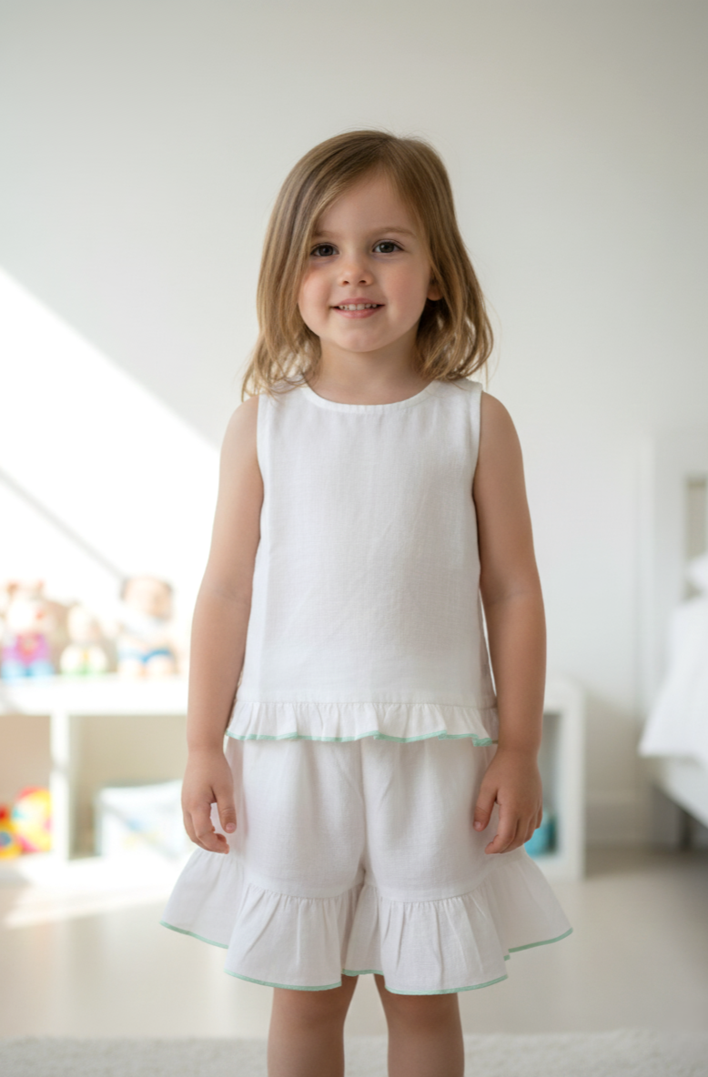 Shorts and Top with Ruffle Edge : WHITE WITH TURQUOISE : Infant : Toddler : Tween (Copy)