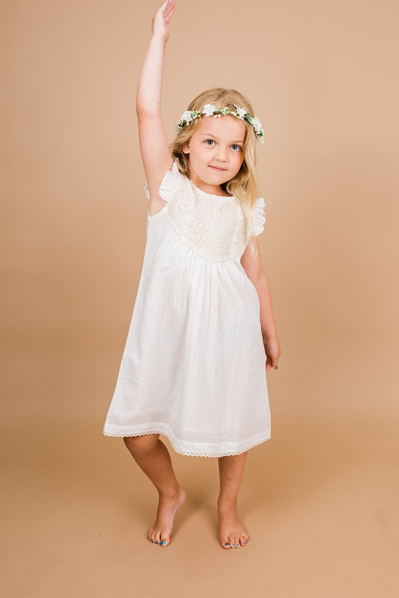 Ecru Flutter Sleeves Dress — Cotton Girls Dress