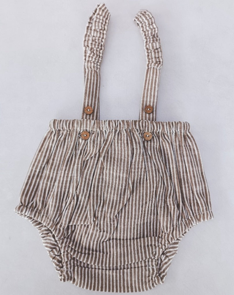 Brown Stripes Cotton Linen Suspenders Diaper Cover — Baby Bloomer | 0-18 Months