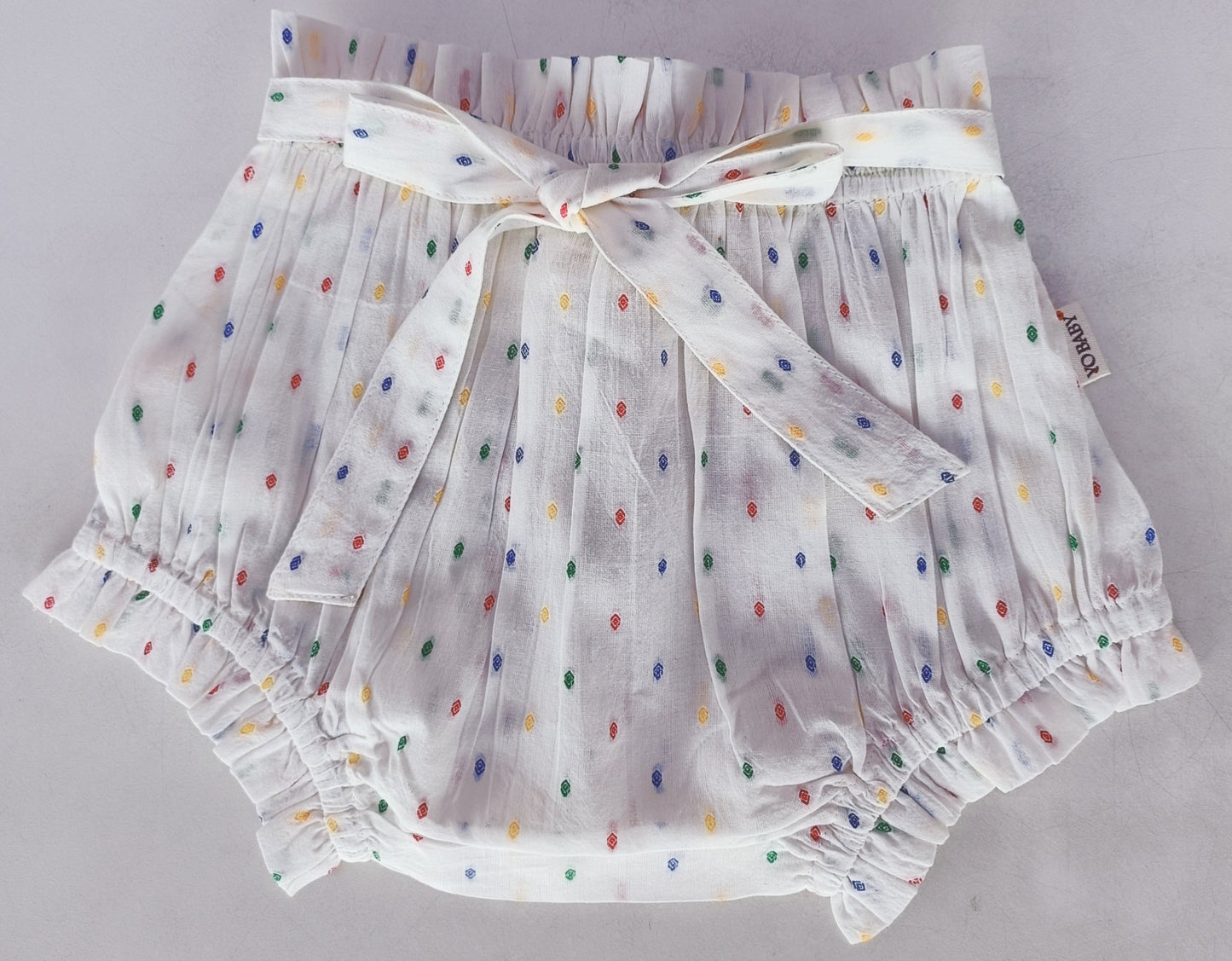 White Multicolor Dot Cotton Dobby Shorts Style Diaper Cover — Baby Bloomer | 0-18 Months