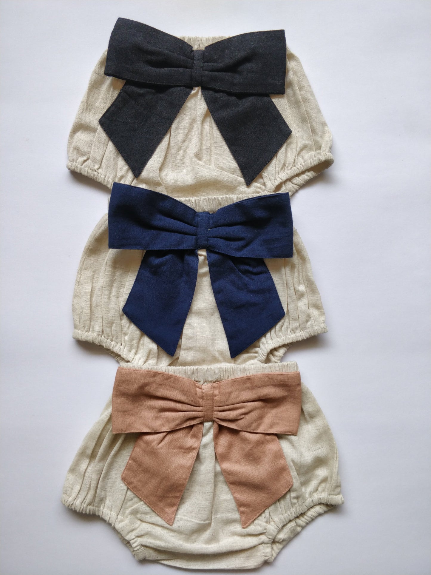 Set of 3 - Ivory Diaper Covers with Contrast Bows in Blush, Navy & Black.