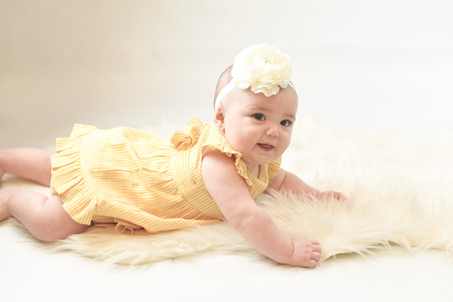 Yellow Pin-Stripe Flutter-Sleeve Dress With Belt-Tie & Diaper Cover Set