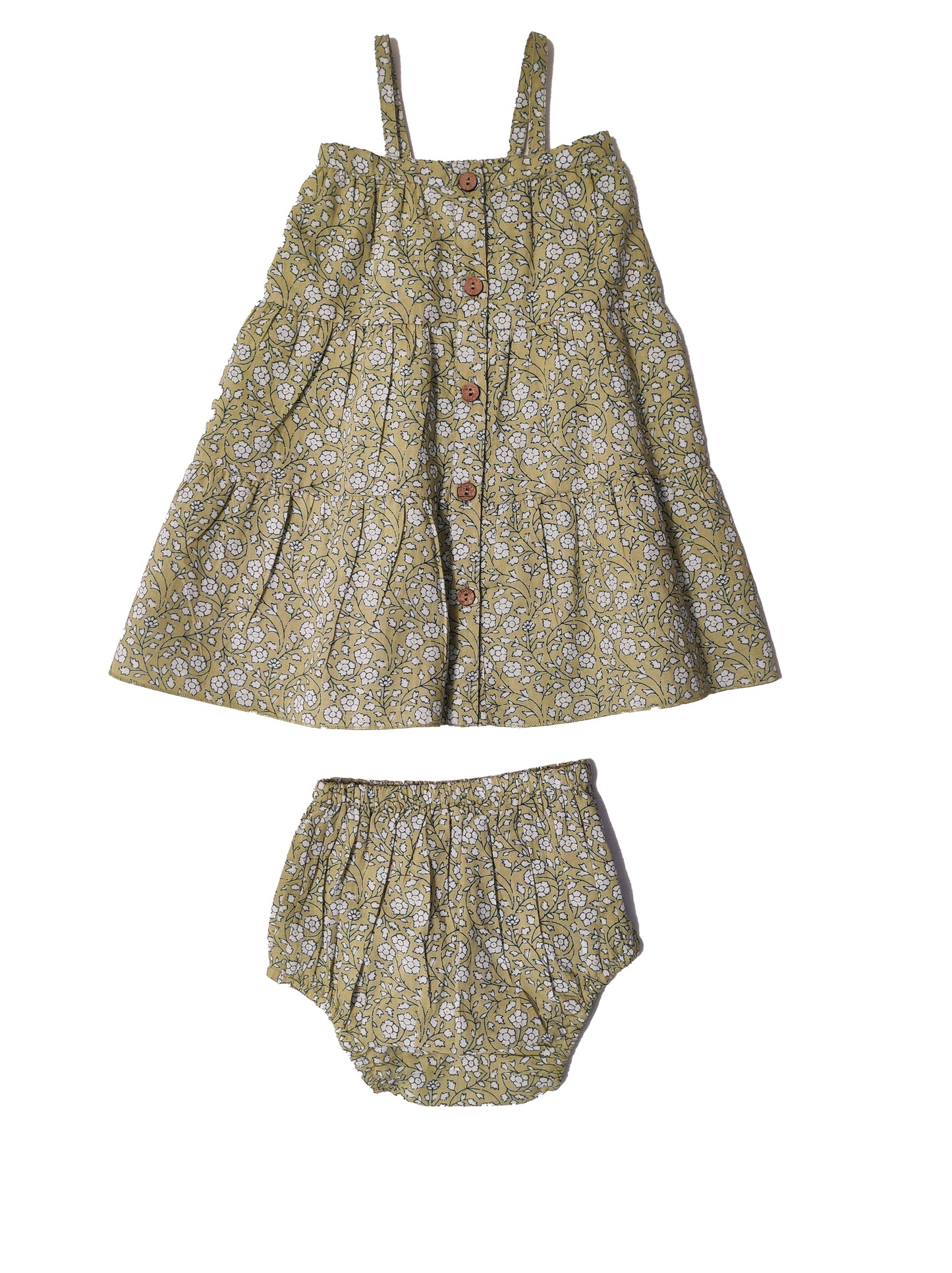 Green Floral Printed Tiered Dress and Bloomers — Cotton Baby Girl Set | 0-24 Months