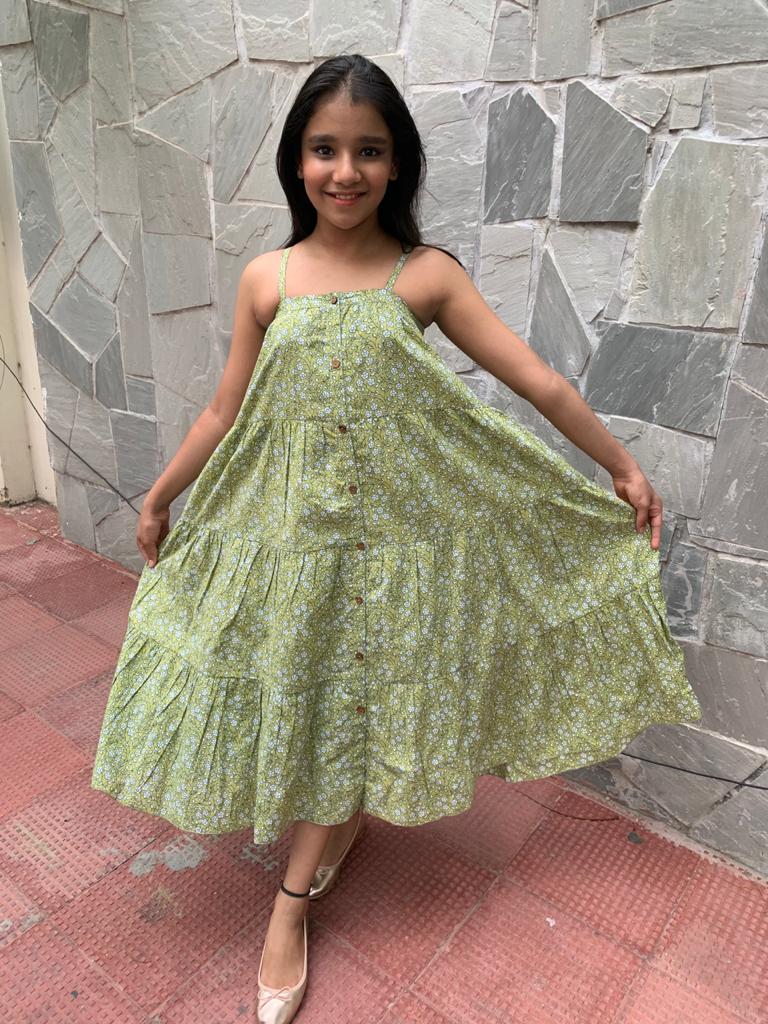 Green Floral Printed Tiered Dress
