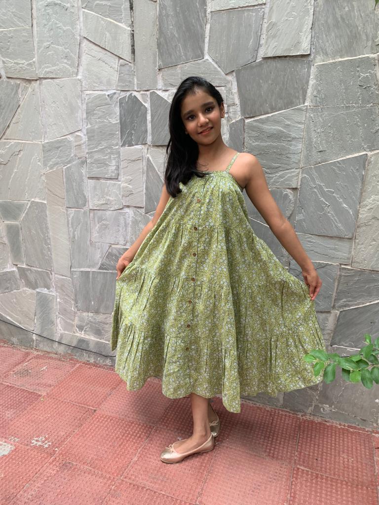 Green Floral Printed Tiered Dress