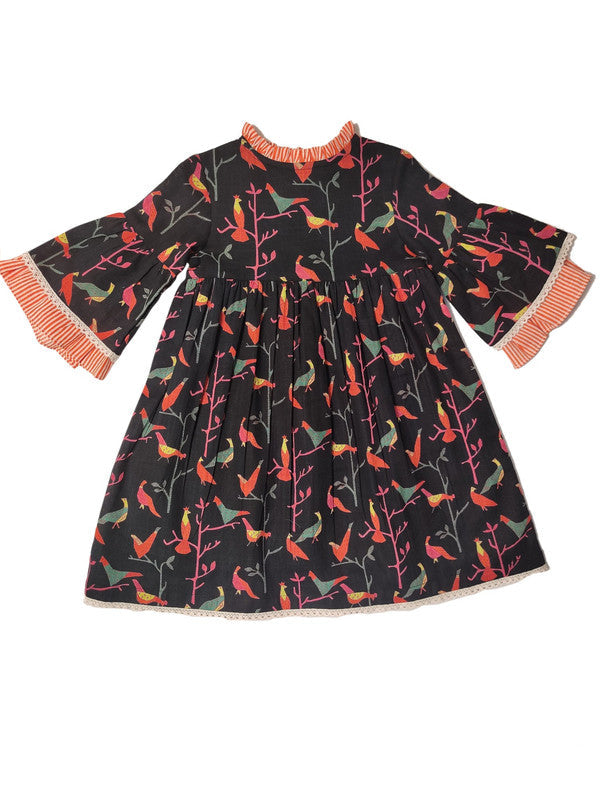 Bell-Sleeves Birds Dress