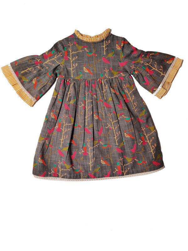 Bird Print Bell-Sleeves Dress